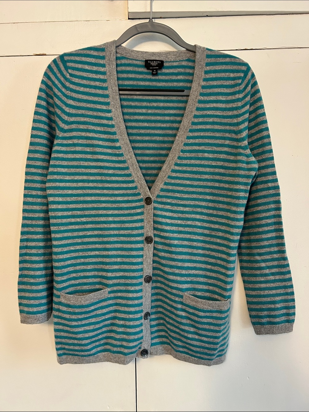 Talbots Petites Cashmere Teal and Gray Striped V-Neck Cardigan NWOT